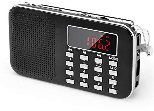 PRUNUS J-908 Portable Radios Small, AM FM Radio Battery Operated with Emergency flashlight. Pocket Radios with Rechargeable battery. Mini Rechargeable Radio Support USB/TF MP3 (Black) (Black)