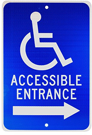 NMC TM151J ACCESSIBLE ENTRANCE - 30,5 cm x 45,7 cm cartello in alluminio riflettente resistente con simbolo handicap e grafica freccia destra, testo bianco su base blu