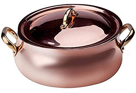 Pentole Agnelli ALCU108C24 Cacerola baja redondeada con dos asas y tapa de latón, cobre liso estañado a mano, 24 cm