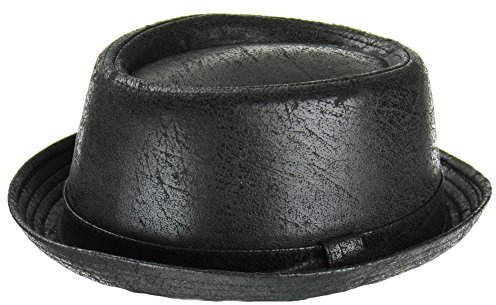 Porkpie trilby hat black cracked leather distressed vintage effect soft - SM