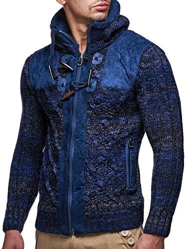 Leif Nelson Giacca Uomo in Maglia con Cappuccio Cardigan LN-20525 Blu Scuro Medium