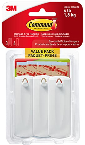 Command Sawtooth Picture Hangers, Damage Free Hanging Frame Hangers, No Tools Wall Hooks for Hanging Sawtooth Frames in Living Spaces, 3 White Picture Frame Hangers and 6 Command Strips
