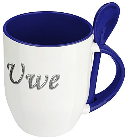 digital print Namenstasse Uwe - Löffel-Tasse mit Namens-Motiv Chrom-Schriftzug - Becher, Kaffeetasse, Kaffeebecher, Mug - Blau