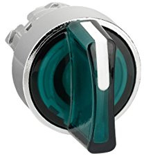 Schneider Electric ZB4BK1333 Harmony XB4 Illuminated Selector Switch Head, Chromium Plated Metal Bezel, Fits 22mm Diameter Cutouts, Universal LED, 3 Positions, Stay Put Operation, Green Handle