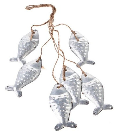 Heaven Sends A Nautical Silver Fish Shoal Hanging From Jute Twine. Chic Tin / Metal Decoration