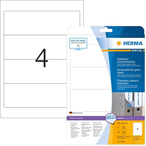 HERMA 10165 Ordnerrücken Etiketten ablösbar kurz breit, 25 Blatt, 192 x 61 mm, 4 pro A4 Bogen, 100 Stück, selbstklebend, bedruckbar, blickdicht, Papier Ordneretiketten Rückenschilder Aufkleber, weiß