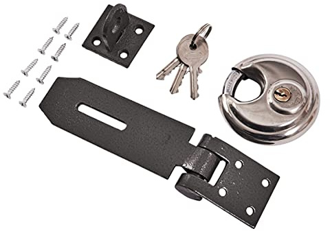 Amtech 70mm Disc Padlock with Hasp, Hardened Carbon Steel Set, Secure Fixing for Sheds, Gates and Outdoor Storage.