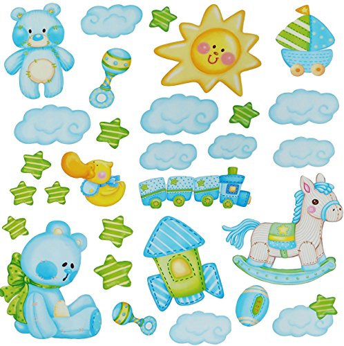 alles-meine.de GmbH 29 TLG. Set Wandtattoo/Fensterbilder - Schaukelpferd & Teddybär - Babyspielzeug - für Baby´s selbstklebend - Baby blau Teddy Eisenbahn Wandsticker - Zug..
