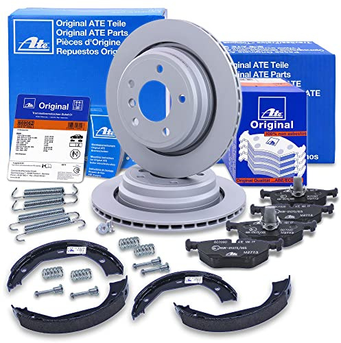 ATE Bremsenset Hinterachse inkl. Bremsscheiben hinten Ø 298 mm belüftet und Bremsbeläge hinten und Handbremsbacken Feststellbremse + Zubehör Kompatibel mit BMW 5er (E39), 5er Touring (E39)