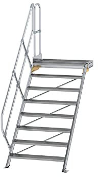 Aluminium-Treppe mit Plattform 45°, Stufenbreite/Stufentiefe 1000 / 240 mm Stufenanzahl 8, Senkrechte Höhe 1,67 m
