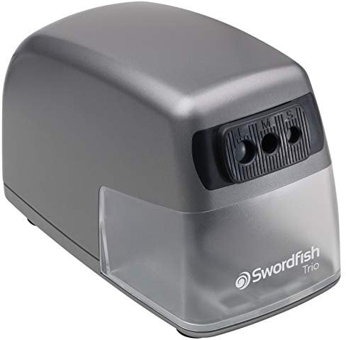 Swordfish High Capacity ‘Trio’ Multiple Size Electric Pencil Sharpener with Replaceable Helical Blade and Large Shavings Tray [40906] 8–11mm,Grey