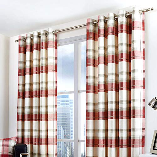 Fusion - Balmoral Check - 100% Cotton Pair of Eyelet Curtains - 90 Width x 90 Drop (229 x 229cm) in Ruby
