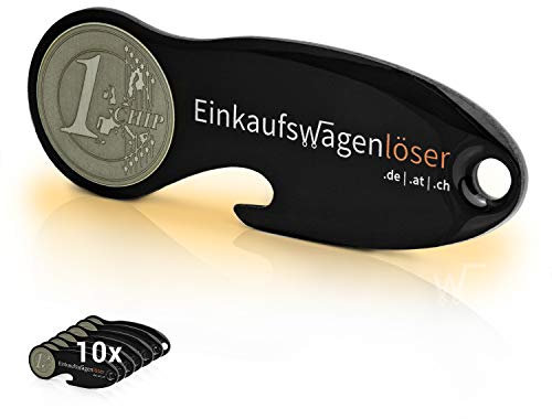Einkaufswagenlöser ® Münze schwarz/Schlüsselanhänger Einkaufschip mit Schlüsselfundservice/Abziehbarer Einkaufswagenchip Metall, Chip Einkaufswagen, Key Finder / 10 Stück