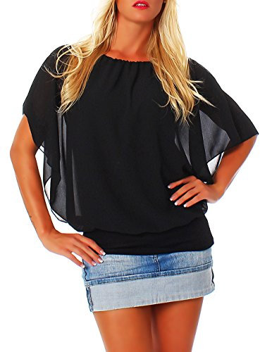 Malito – Damen Bluse in Fledermauslook – Tunika Kurzarm mit bequemen Schnitt – Elegantes Oversize Blusenshirt mit breitem Bund – Shirt Leo-Print & Uni 6296 - (Schwarz)