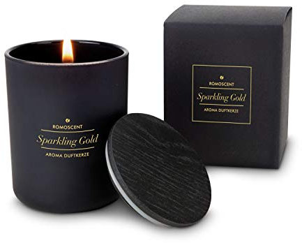 Römer Wellness Geschenkartikel: ROMOSCENT Aromakerze Sparkling Gold im edlen, schwarzen Glas mit Holzdeckel; Duftkerze für Drinnen und Draußen; Maße: ca. 6 x 6 x 8 cm