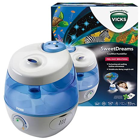 Vicks Sweet Dreams Cool Mist Humidificador, proyector para bebés, Para dormitorios de niños y guarderías,Habitaciones de hasta 35 m², 1 VapoPad incluído, Tecnología ultrasónica silenciosa,VUL575