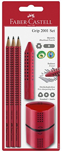 Faber-Castell 580022 - Bleistifte Set Grip 2001, 5-teilig mit 3 Bleistiften, Radiergummi und Spitzer, rot