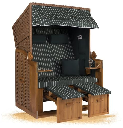 Strandkorb Hanse Strandkorb Ostsee XXL Volllieger Grün - 2-Sitzer 120cm breit, ideal für Garten, Terrasse und Balkon (Grün Weiß Nadelstreifen, zerlegt)