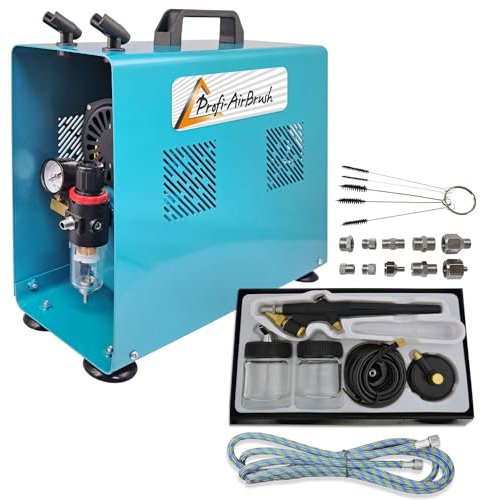 AirBrush Kompressor Universal II-C mit Start/Stop-Automatik, mit Schutzgehäuse + UNIVERSAL-AIRBRUSH-PISTOLE SINGLE-ACTION-GUN 138D mit 2 Glasbecher und Druckluftschlauch