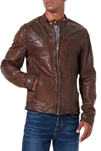 Oakwood 60901 - Veste en cuir - Col à boutons - Manches longues - Homme - Marron - Large (Taille fabricant: L)