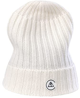 CASH-MERE.CH 100% Kaschmir Rib Mütze | Strickmütze für Damen und Jugendliche (Weiß/Schneeweiß, One Size)