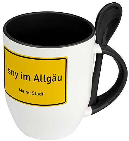 Städtetasse Isny im Allgäu - Löffel-Tasse mit Motiv Ortsschild - Becher, Kaffeetasse, Kaffeebecher, Mug - Schwarz