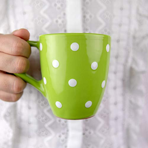 City to Cottage | Tasse Mug à café, à thé, chocolat chaud | verte pomme à pois blancs en céramique avec grande anse faite et peinte à la main | 300ml