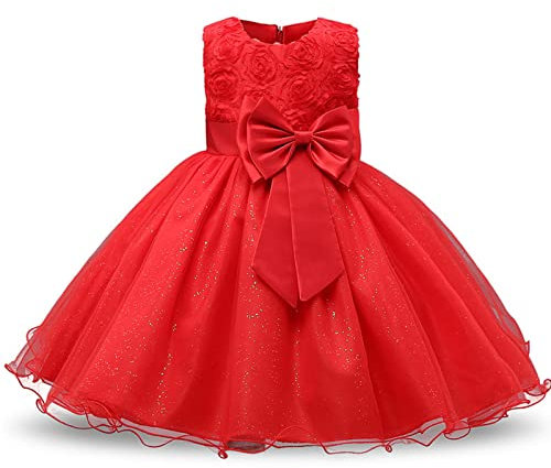 Discoball Girl Dress Princess Party Clothing Holiday Girls Dresses, 3D Rose Flower, Bow Sequins Tulle Dress Up for Kids Birthday Travel and Special Occasions Red
