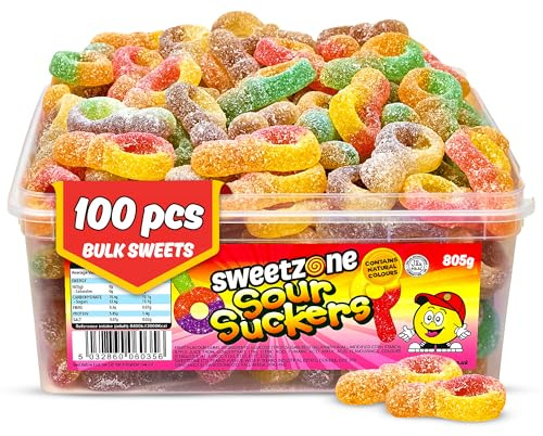 Sweetzone Sour Jelly Suckers 800g 100pcs | Giant jelly snake sweets with a soft chewy texture, approx. 35 pieces in an 805g Halal bulk sweets tub for sharing.