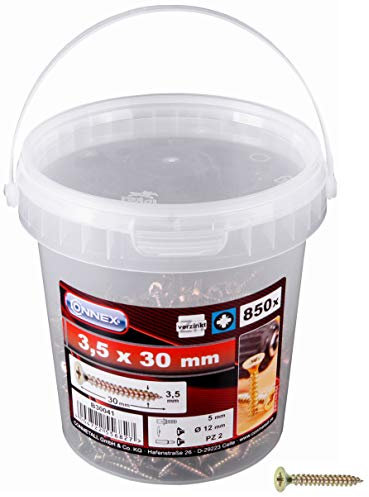 Connex Universalschrauben 3,5 x 30 mm - 850 Stück im Set - Senkkopf - PZ Pozidriv-Antrieb - Vollgewinde - Gelb verzinkt / Schrauben-Set / Schrauben-Eimer / B30041
