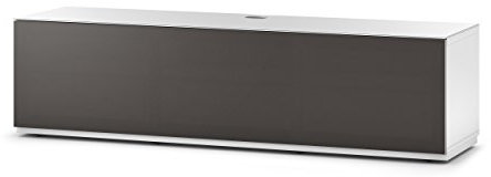 Sonorous STA 160T pmad3036-wht-BW Meuble TV Bas avec Socle Suspendue OLV, Caisse Blanche, Surface supérieure, Blanc trempé Verre et Porte à Rabat avec olivfarbenem Tissu Acoustique