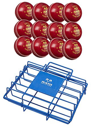 Ram Cricket 5 Star Match Ball Bundle - 12 Match Cricket Balls & Ball Crate (White, 5.5oz)