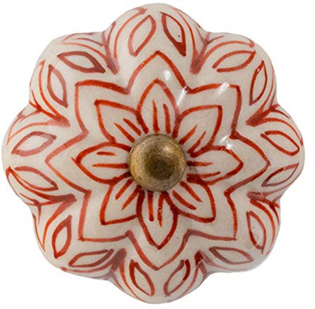 Nicola Spring Ceramic Cupboard Drawer Handle Knob - Vintage Flower Design - Dark Red