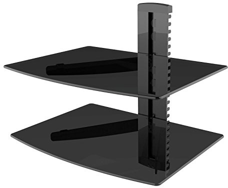 HiFi BluRay/DVD-Player/Receiver/Spielkonsole Wandregal Rack mit Kabelschacht und ESG Sicherheitsglasböden, bis zu 8 kg Tragkraft, schwarz, Anzahl Regalböden:2 Regalböden