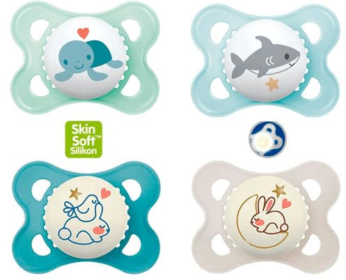 MAM Day & Night Skin Soft Silikon Schnuller 0-6 // Neutral // 4er Set // inkl. 2 Sterilisiertrasportboxen