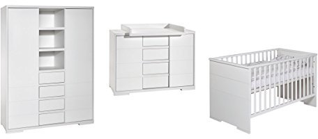Schardt - 3 Teiliges Kinderzimmer Komplettset Weiß - Kombi-Kinderbett mit Umbauseiten 140x70cm - Wickelkommode mit Abnehmbarer Wickelauflage - Kleiderschrank mit 2 Türen und Mittelregal