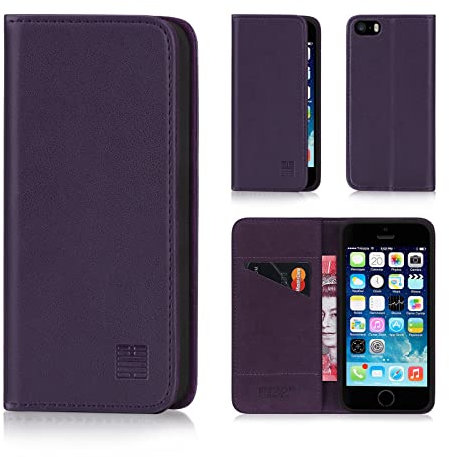 32nd Classic Series - Real Leather Book Wallet Flip Case Cover For Apple iPhone 5, 5S & SE (2016), Real Leather Design With Card Slot, Magnetic Closure and Built In Stand - Aubergine