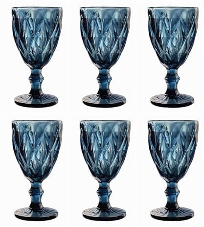 Vintage 6er-Set Farbige Weingläser und Trinkgläser mit Diamant Muster (Rombus) Longdrinkgläser, Cocktail Gläser mit Prägung, Glas, Trinkglas, Weinglas, Wasserglas, Glaskelche (Blau Weinglas)