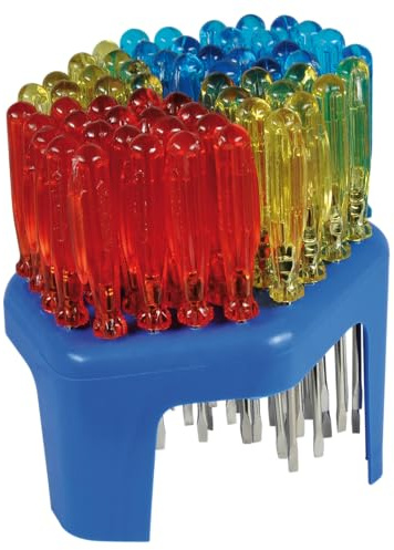 SW-Stahl 32300L Schraubendreherständer 60-teilig - Mini Schraubendrehersatz | Schraubendreher Sortiment in Rot, Gelb und Blau, Schlitz-Profil 3 mm, Kunststoffhalter für Hobby und DIY, 143 mm Länge