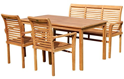 ALEOS. Teak Set Gartengarnitur Tisch 150x80 cm mit 1 Bank 150 cm für 3 Personen und 2 Stapelstühle Sessel Holz Serie Alpen Gartenmöbelset Esstischgruppe