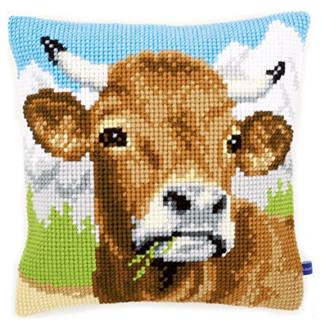VERVACO Kreuzstich Stickpackungen Kissen Stickerei Set Anfänger Vorgedruckt Kuh DIY Set Kreativ Set Für Erwachsene Dekoratives Kissen ca. 40 x 40 cm Bastelset Handwerker Haus Dekoration