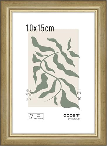 accent by nielsen Bilderrahmen, 10 x 15 cm, Holz, Gold, Fotorahmen zum Auftstellen und Aufhängen im Hoch- & Querformat, Echtglas, Ascot
