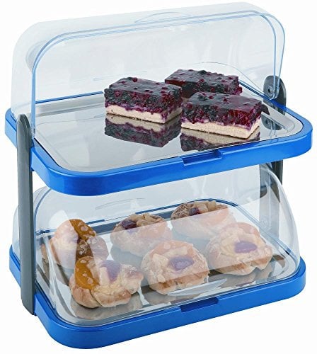 APS Buffetvitrine „Doppeldecker“ – 2 beidseitig aufklappbare, transparente Rolltophauben, 2 Edelstahl-Tabletts, 4 Kühl-Akkus, platzsparend lagerbar – Made in Germany, Blau