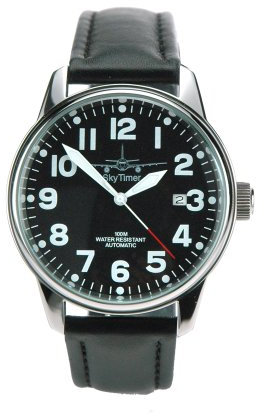 SkyTimer Fliegeruhr 510605001- Automatik Miyota 8215, Schraubkrone, Edelstahlgehäuse, Glasboden, 10 ATM wasserdicht, Lederband