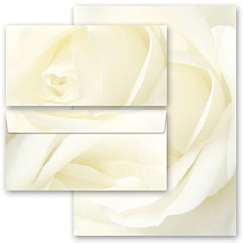 Briefpapier Set, 40 tlg. Blumenmotiv, WEISSE ROSE Blumen & Blüten, Liebe & Hochzeit 20 Blatt Briefpapier + 20 passende Briefumschläge DIN LANG ohne Fenster | Paper-Media