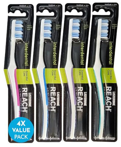 REACH Essential Care Interdental Mittel Zahnbürste, Einzelpackung x 4, voller Kopf Medium Toothbrush Hard Borsten Handzahnbürsten, Vielzahl von Farben Multipack, Täglich Oral Emaille Zahnpflege