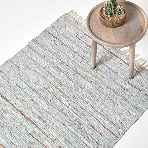 Homescapes Lederteppich Silber-grau 90x150 cm – handgewebter Teppich aus Recycling-Leder mit silbernen Glitzerstreifen, flach gewebt im Streifen-Design