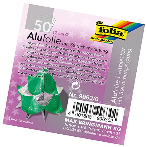 folia 9963/0 - Alu Faltblätter rund mit Sternchenprägung, Durchmesser 12 cm, 100 g/qm, 50 Blatt sortiert in 5 Farben - ideal für wunderschöne Faltfiguren und Sterne