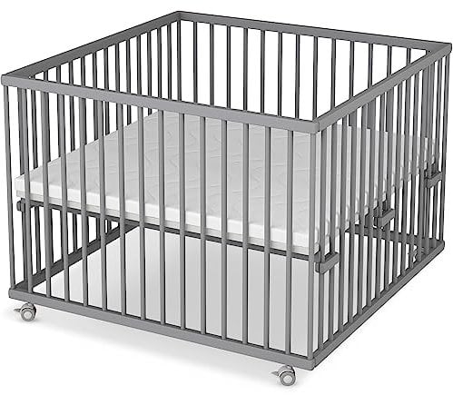 Sämann Laufstall Baby 100x100 cm | TÜV geprüft 2023 | stufenlos höhenverstellbar | Laufgitter Premium | Babybett aus Holz | Krabbelgitter Komplettset grau