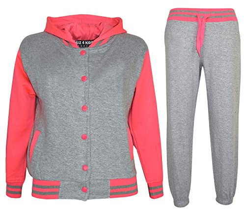 A2Z 4 Kids Girls Boys Baseball Tracksuit - T.S B.B Plain Grey & Neon Pink 11-12